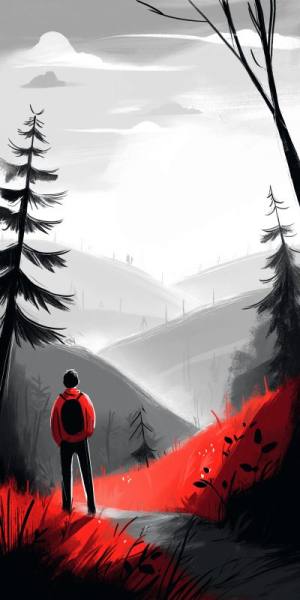 Lone hiker in red fog