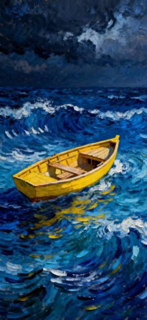 قایق زرد روی امواج آبی