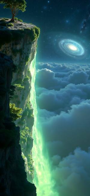 Green cliff with spiral galaxy