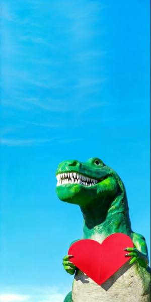 Green dino holding red heart