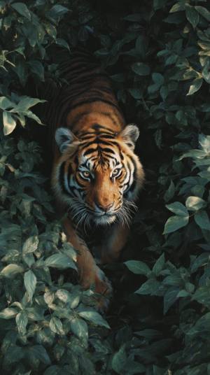 Tiger in Green Forest Leaves