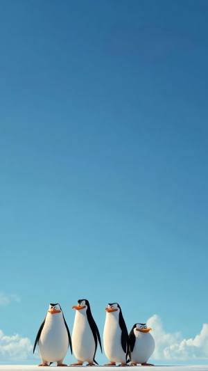Cartoon penguins in blue sky