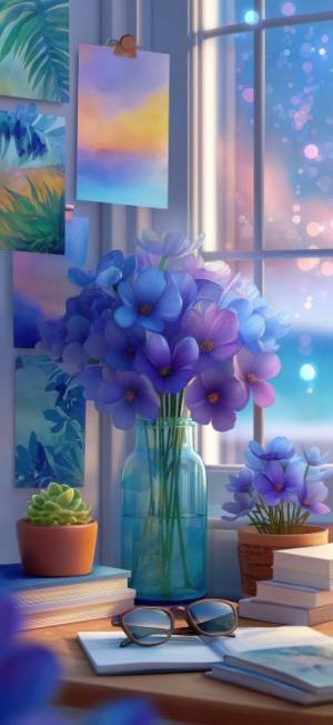 گل‌های آبی کنار پنجره
