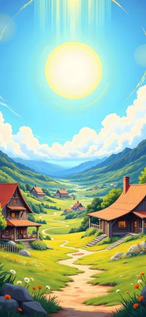Bright sun over green valley