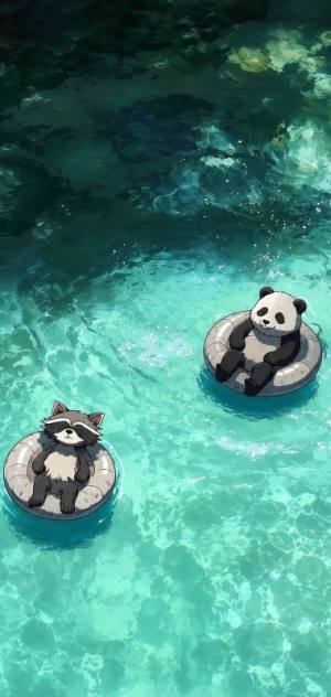Panda and raccoon dog on rings